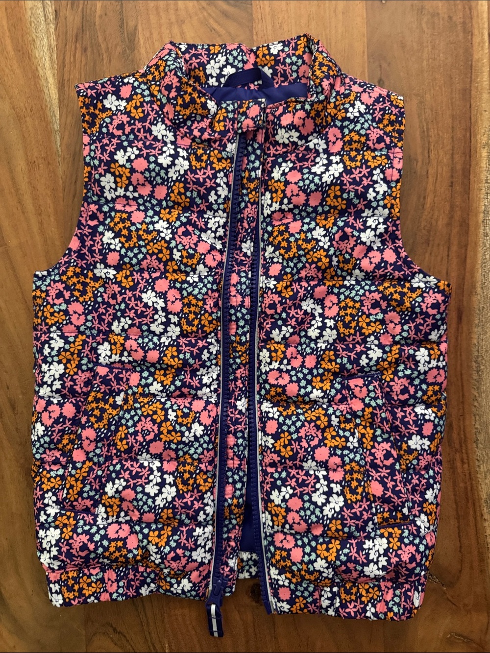 Cat & Jack Floral Trim Quilted Puffer Vest - Navy, Pink & Orange